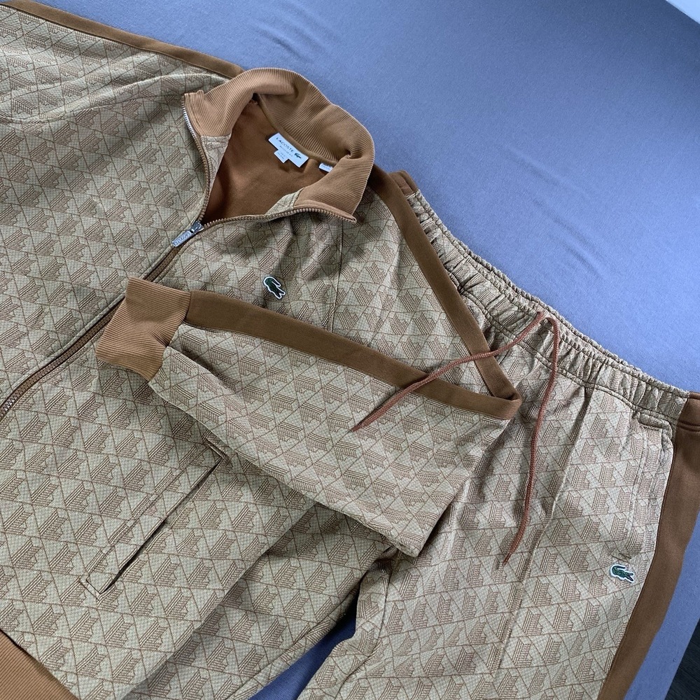 Lacoste Jacket & Pants Set Mens 2XL Brown Monogram Jacquard Print Full Zip Track